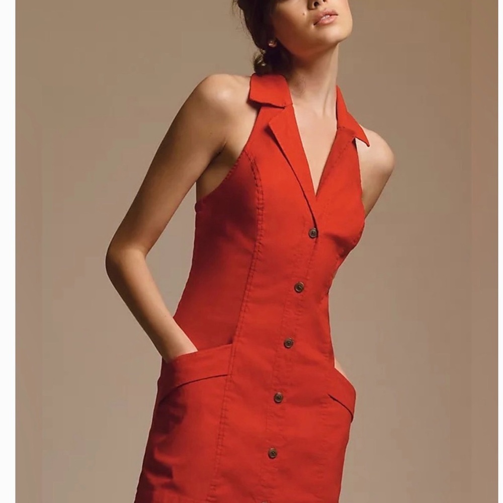 Maeve Red Halter-Collar Button-Front Mini Dress